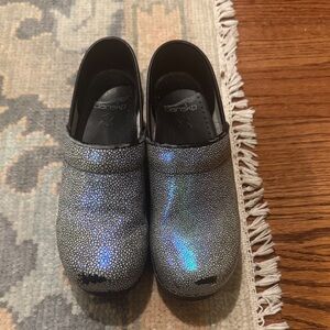 Dansko Shimmering Blue and Silver Clogs